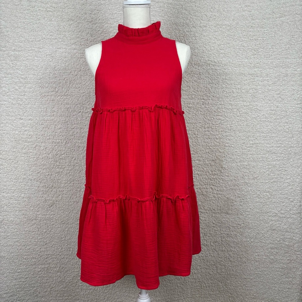 Pomander Place Dress Womens S Red Morgan Gauze Mock Neck Tiered Lightweight Mini